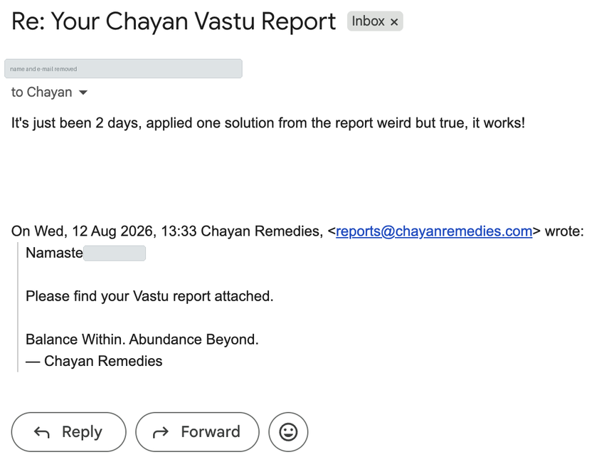 A customer’s full reply to their Chayan Vastu report: “It’s just been 2 days, applied one solution from the report weird but true, it works!” The sender’s name and e-mail address are blanked out.